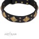 Black Leather Dog Collar with Brass Decor - Goldish Fineness" Handcrafted by Artisan"