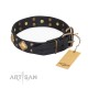 Black Leather Dog Collar with Brass Decor - Goldish Fineness" Handcrafted by Artisan"