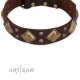 Brown Leather Dog Collar with Brass Decor - Goldish Fineness" Handcrafted by Artisan"