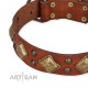 Tan Leather Dog Collar with Brass Decor - Goldish Fineness" Handcrafted by Artisan"
