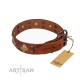Tan Leather Dog Collar with Brass Decor - Goldish Fineness" Handcrafted by Artisan"