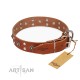 Tan Leather Dog Collar with Chrome-plated Decor - Ultimate Gift" Handcrafted by Artisan"