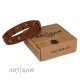 Tan Leather Dog Collar with Brass Decor - Golden Gift" Handcrafted by Artisan"