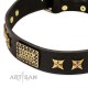 Black Leather Dog Collar with Brass Plated Decor - Old Bronze Style" Handcrafted by Artisan"