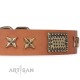 Tan Leather Dog Collar with Brass Plated Decor - Old Bronze Style" Handcrafted by Artisan"