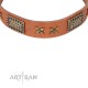 Tan Leather Dog Collar with Brass Plated Decor - Old Bronze Style" Handcrafted by Artisan"