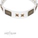 White Leather Dog Collar with Brass Plated Decor - Old Bronze Style" Handcrafted by Artisan"