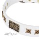 White Leather Dog Collar with Brass Plated Decor - Old Bronze Style" Handcrafted by Artisan"