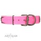 Pink Leather Dog Collar with Brass Plated Decor - Old Bronze Style" Handcrafted by Artisan"