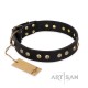 Black Leather Dog Collar with Brass Plated Decor - Flowers & Twigs" Handcrafted by Artisan""