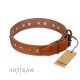 Tan Leather Dog Collar with Brass Plated Decor - Flowers & Twigs" Handcrafted by Artisan""