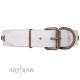 White Leather Dog Collar with Brass Plated Decor - Flowers & Twigs" Handcrafted by Artisan""