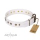 White Leather Dog Collar with Brass Plated Decor - Flowers & Twigs" Handcrafted by Artisan""