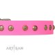 Pink Leather Dog Collar with Brass Plated Decor - Flowers & Twigs" Handcrafted by Artisan""