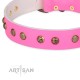 Pink Leather Dog Collar with Brass Plated Decor - Flowers & Twigs" Handcrafted by Artisan""