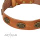 Decorated Tan Leather Dog Collar  - Fancy Brooches" Handcrafted by Artisan""