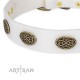 Decorated White Leather Dog Collar  - "Fancy Brooches" Handcrafted by Artisan"
