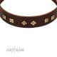 Studded Brown Leather Dog Collar - Diamonds & Squares"  Handcrafted by Artisan""