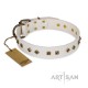 Studded White Leather Dog Collar - Diamonds & Squares"  Handcrafted by Artisan""