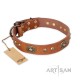 Elegant Tan Leather Dog Collar with Brass Decor - Vintage Chic" Handcrafted by Artisan"