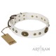 Elegant White Leather Dog Collar with Brass Decor - Vintage Chic" Handcrafted by Artisan"