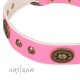 Bright Pink Leather Dog Collar with Brass Decor - Vintage Chic" Handcrafted by Artisan"