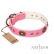 Bright Pink Leather Dog Collar with Brass Decor - Vintage Chic" Handcrafted by Artisan"