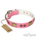 Pink Leather Dog Collar with Brass Decor - Vintage Trimness" Handcrafted by Artisan"