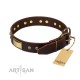 Brown Leather Dog Collar with Brass Decor - Vintage Subtlety" Handcrafted by Artisan"