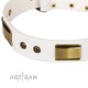 White Leather Dog Collar with Brass Decor - Vintage Subtlety" Handcrafted by Artisan"