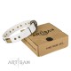 White Leather Dog Collar with Brass Decor - Vintage Subtlety" Handcrafted by Artisan"