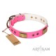 Pink Leather Dog Collar with Brass Decor - Vintage Subtlety" Handcrafted by Artisan"