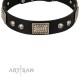 Black Leather Dog Collar with Chrome Plated Skulls & Plates - Audacious and Edgy" Decor by Artisan"
