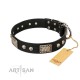 Black Leather Dog Collar with Chrome Plated Skulls & Plates - Audacious and Edgy" Decor by Artisan"