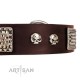 Brown Leather Dog Collar with Chrome Plated Skulls & Plates - Audacious and Edgy" Decor by Artisan"