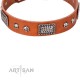 Tan Leather Dog Collar with Chrome Plated Skulls & Plates - Audacious and Edgy" Decor by Artisan"