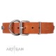 Tan Leather Dog Collar with Chrome Plated Skulls & Plates - Audacious and Edgy" Decor by Artisan"