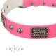 Pink Leather Dog Collar with Chrome Plated Skulls & Plates - Audacious and Edgy" Decor by Artisan"