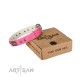 Pink Leather Dog Collar with Chrome Plated Skulls & Plates - Audacious and Edgy" Decor by Artisan"