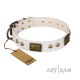 Handmade White Leather Dog Collar - "Plates'n'Skulls" Decor by Artisan