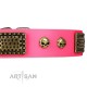Handmade Pink Leather Dog Collar - "Plates'n'Skulls" Decor by Artisan
