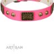 Handmade Pink Leather Dog Collar - "Plates'n'Skulls" Decor by Artisan