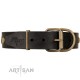 Royal Black Leather Dog Collar - "Retro Flora" Decor by Artisan