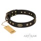 Royal Black Leather Dog Collar - "Retro Flora" Decor by Artisan