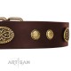 Royal brown Leather Dog Collar - "Retro Flora" Decor by Artisan
