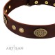 Royal brown Leather Dog Collar - "Retro Flora" Decor by Artisan