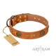 Royal Tan Leather Dog Collar - "Retro Flora" Decor by Artisan