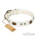 Royal White Leather Dog Collar - "Retro Flora" Decor by Artisan