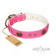 Royal Pink Leather Dog Collar - "Retro Flora" Decor by Artisan