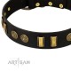Decorated Black Leather Dog Collar - "Embossed Elegance" Brass Decor by Artisan